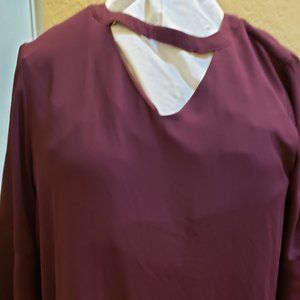 EST. 1946 (CATO), burgundy sheer dress top, with 3/4th ruffle sleeves. Size L